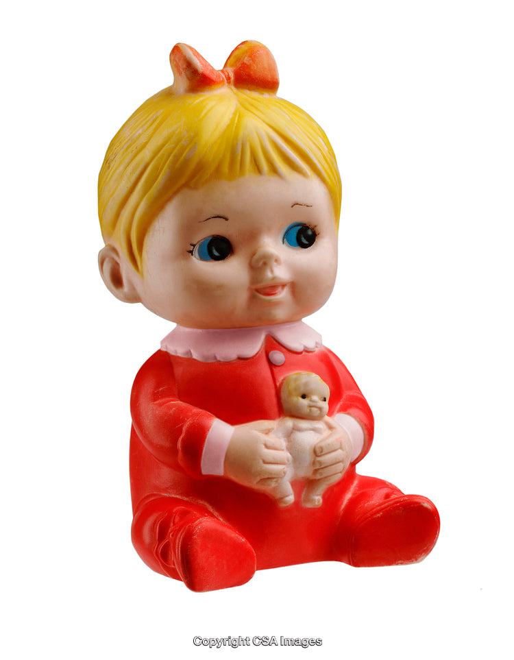 Vintage Plastic Doll Figurine with Red Outfit Holding Miniature Baby Doll