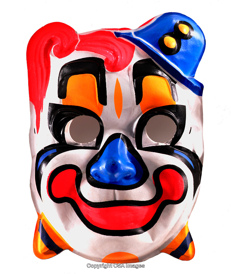 Colorful Clown Mask with Bold Features on White Background