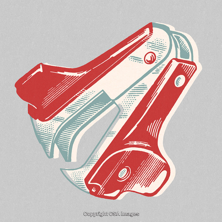 Retro Illustration of a Stapler in Red and Blue on Grey Background