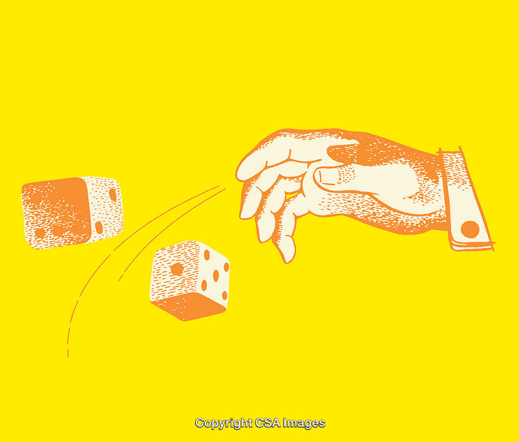 Illustrated Dice Throw with Striking Hand Gesture on Yellow Background