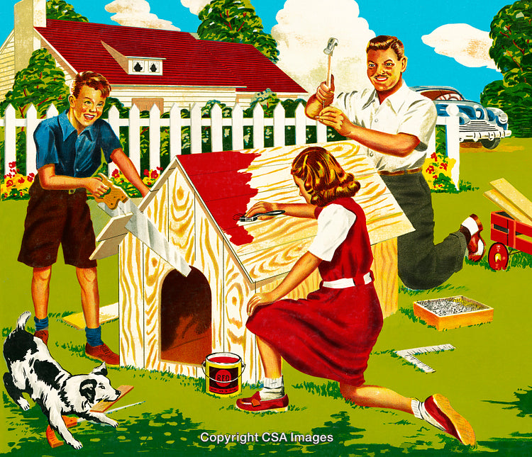 Family Building and Painting a Doghouse Together in the Backyard
