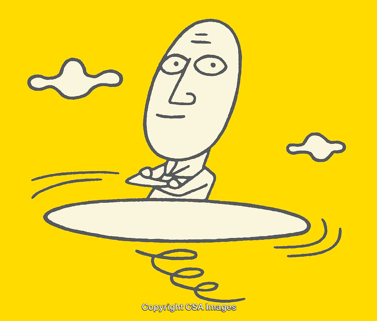 Minimalist Yellow Cartoon Illustration of a Person with Abstract Clouds