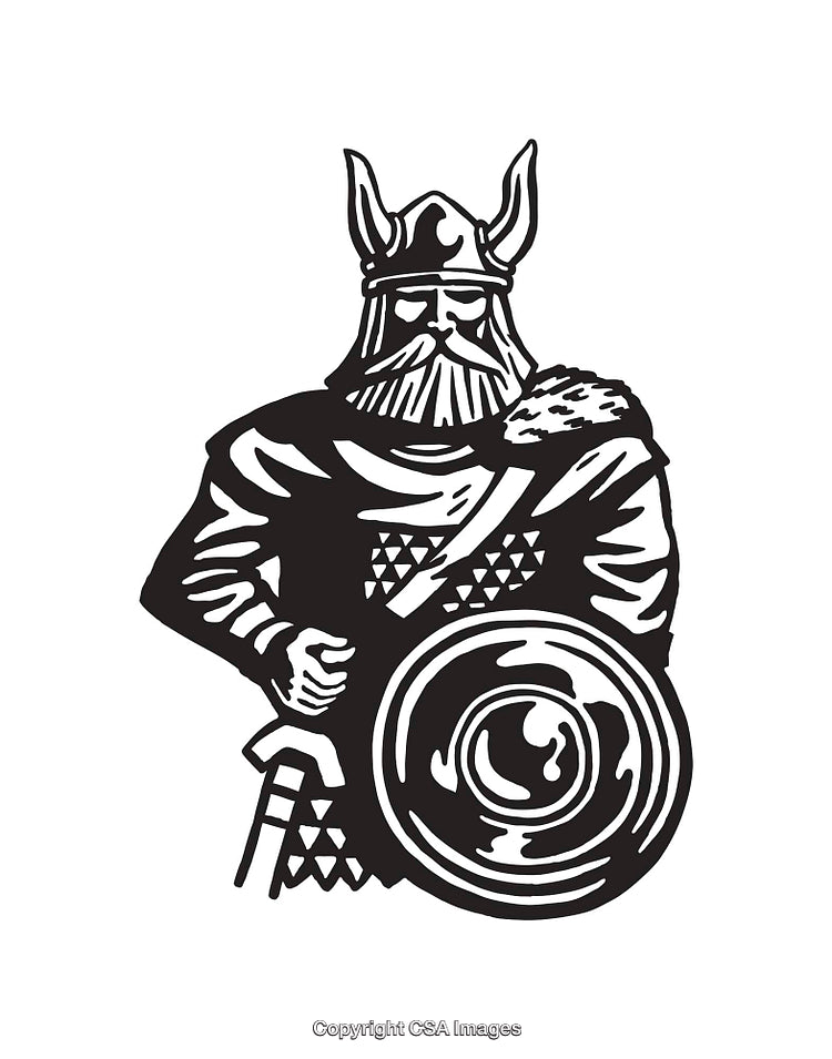 Black and White Viking Illustration Featuring Warrior with Shield and Helmet