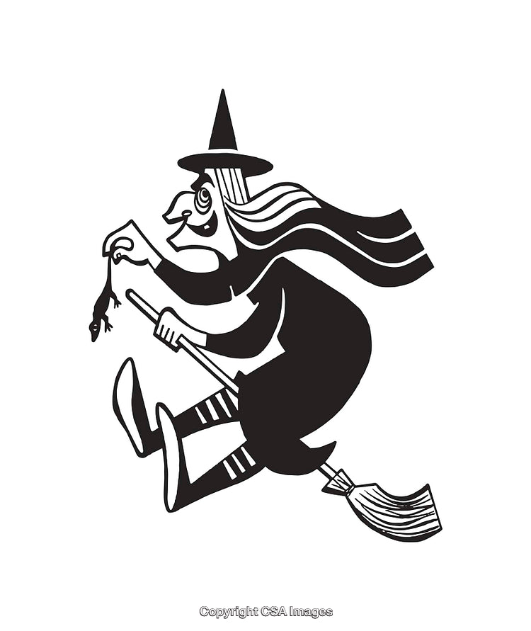 Black and White Witch Illustration with a Broomstick and a Small Frog