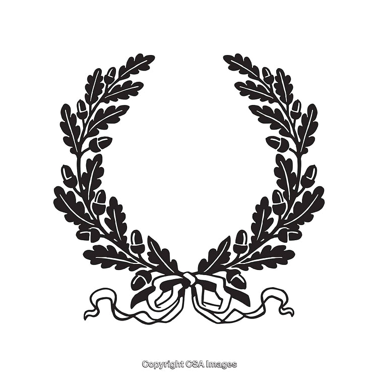 Elegant Black and White Laurel Wreath Design Featuring Detailed Oak Leaves