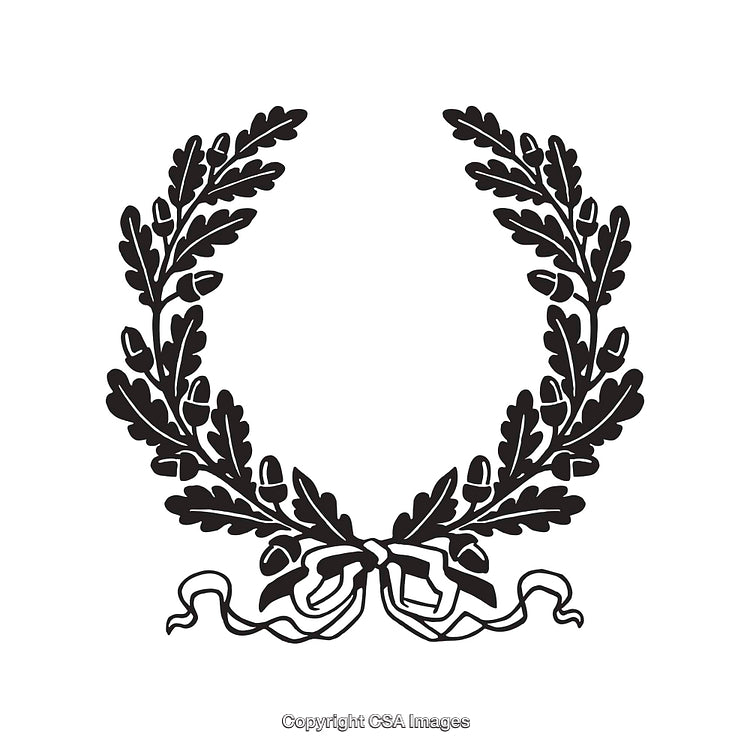 Elegant Black and White Laurel Wreath Design Featuring Detailed Oak Leaves