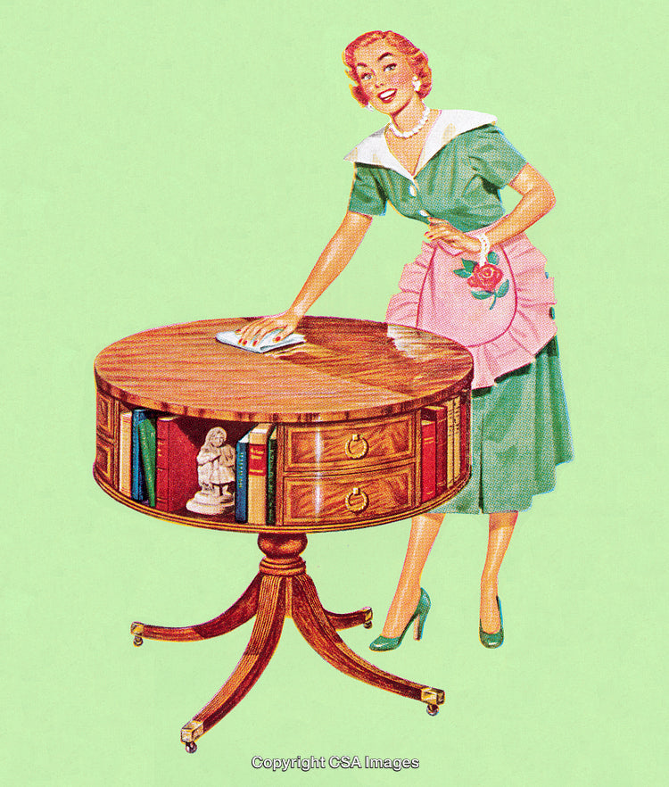 Retro Illustration of a 1950s Woman Cleaning a Vintage Table