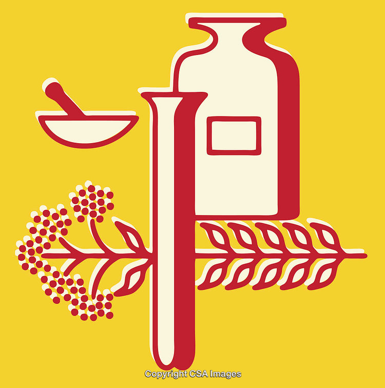 Stylized Herbal Medicine Icon with Leaves and Mortar and Pestle on Yellow