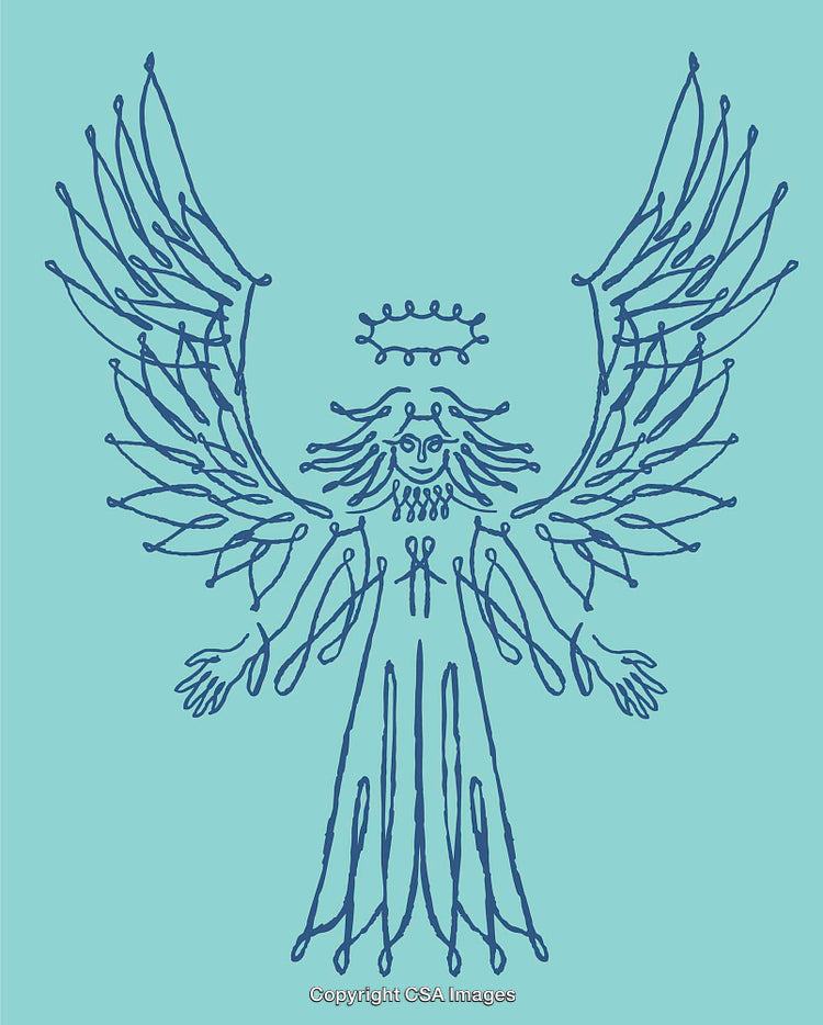 Hand-Drawn Angelic Line Art Illustration with Outstretched Wings on Blue Background