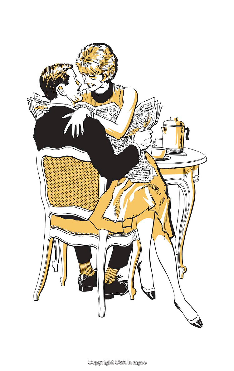 Romantic Couple Reading Newspapers Together in a Vintage Style Illustration