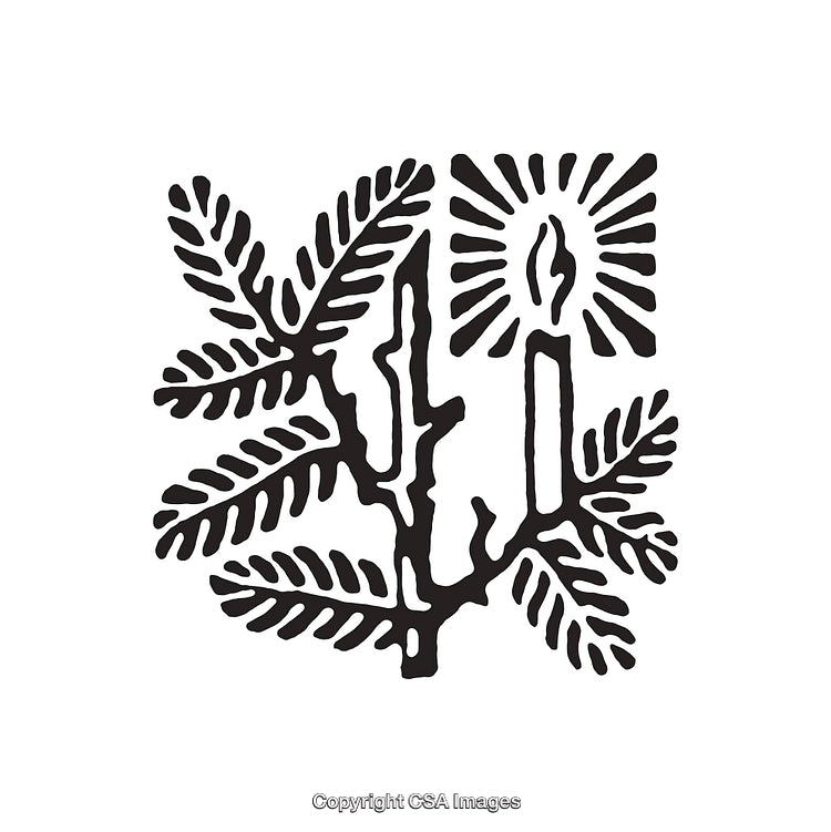 Minimalist Black and White Candle and Pine Branch Line Art Illustration