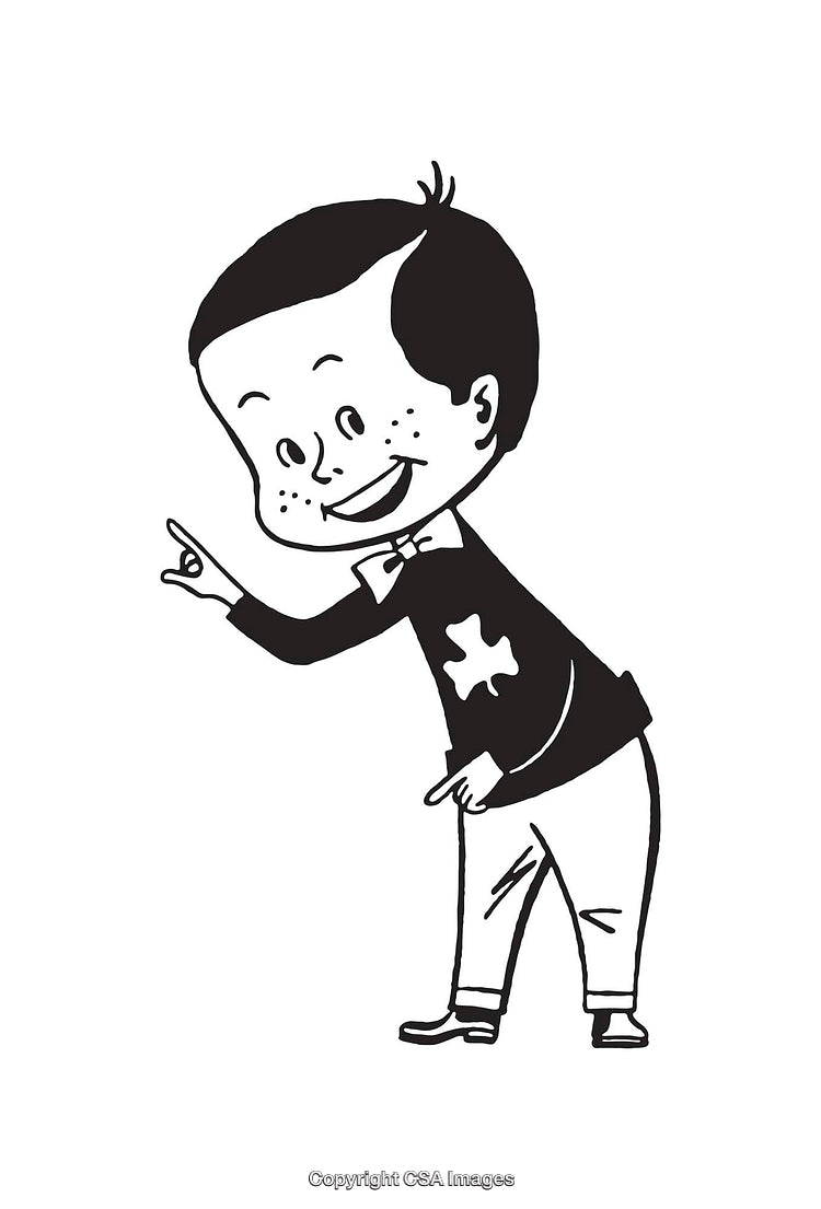 Smiling Child Pointing in Black and White Line Art Illustration