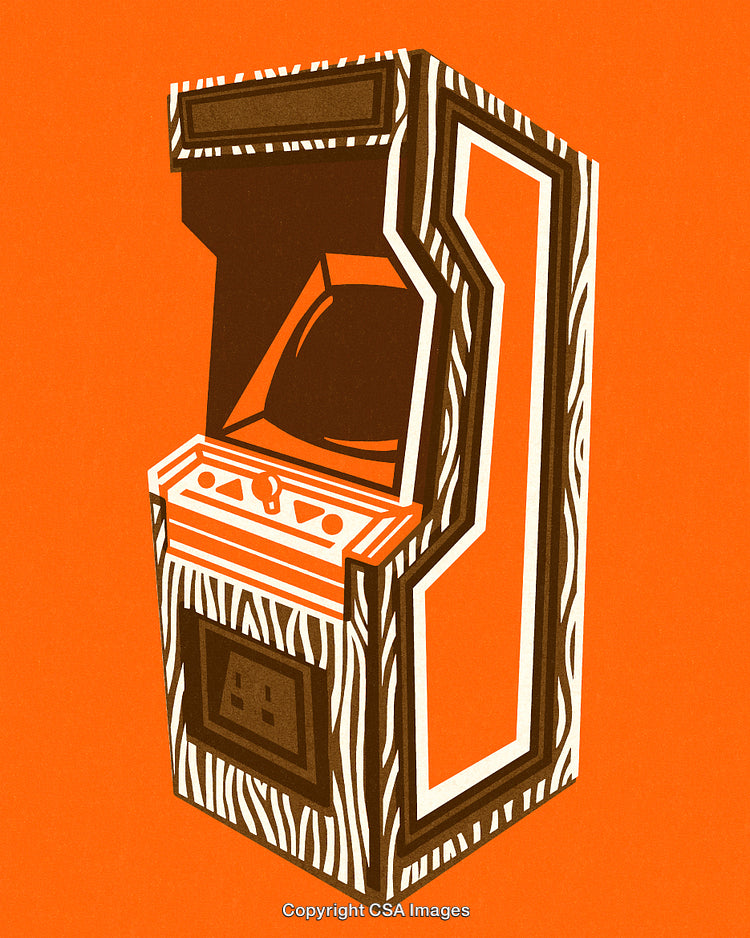 Retro Arcade Machine Illustration With Orange Background and Bold Graphic Style