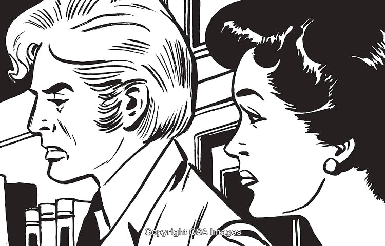 Monochrome Comic Illustration Depicting Two Characters in a Dramatic Discussion