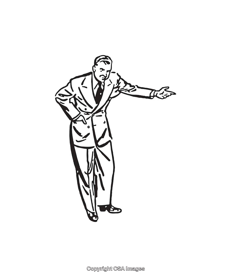 Vintage Line Art Illustration of a Man in a Formal Suit Gesturing