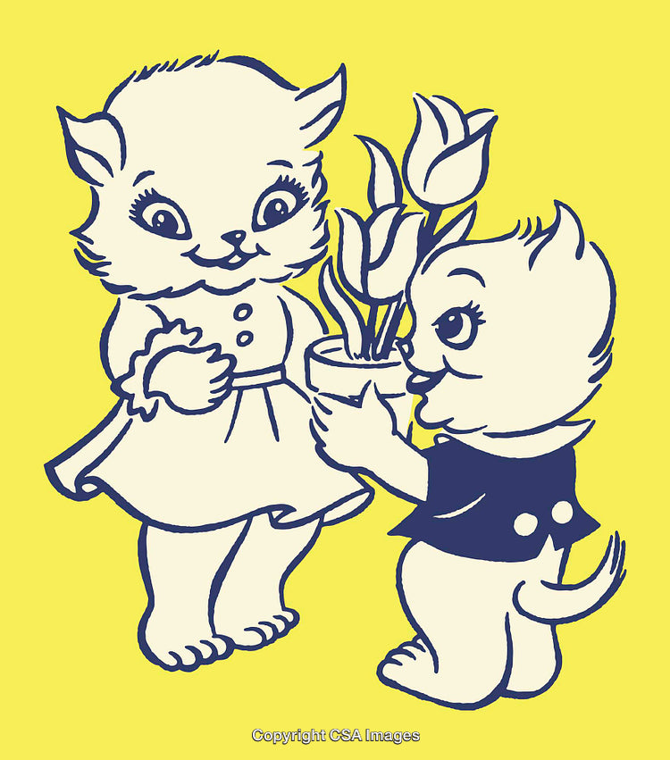 Charming Vintage Style Illustration of Kittens Sharing a Flower Pot on Yellow Background