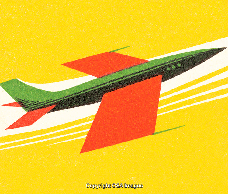 Vintage Futuristic Airplane Illustration with Bold Colors and Retro Style