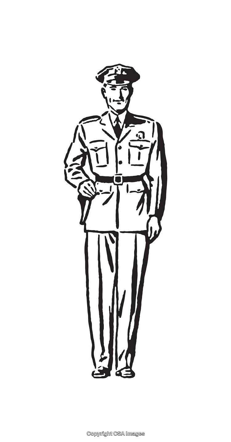 Black and White Line Art Illustration of Uniformed Officer