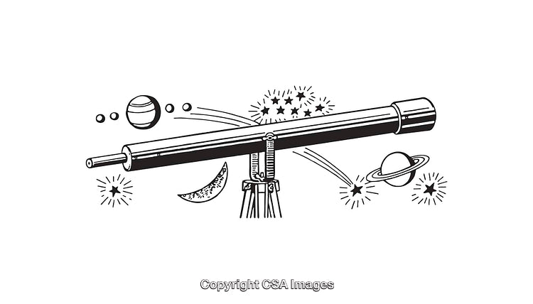 Black and White Line Art of Telescope with Astronomy Elements