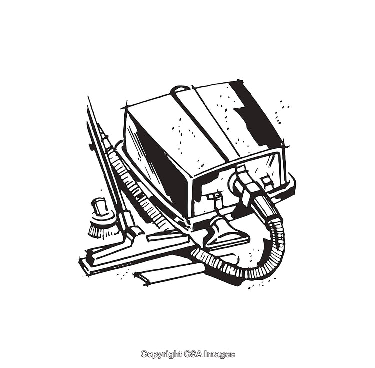 Vintage Line Art Illustration of a Canister Vacuum Cleaner and Accessories