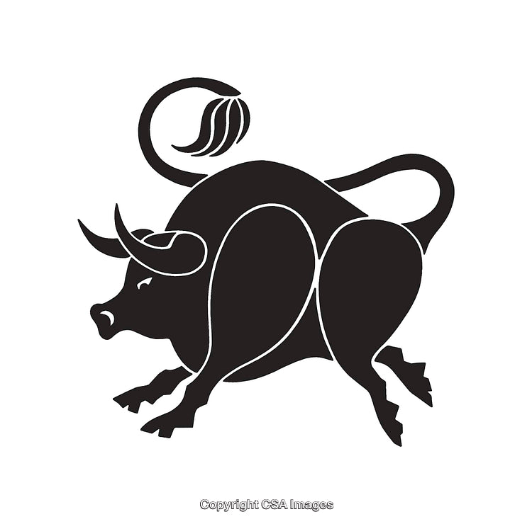 Black and White Illustration of a Charging Bull with Horns