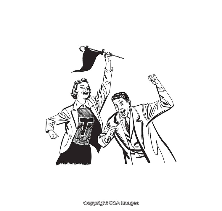 Retro Illustration of Celebrating Couple with a Flag in Black and White