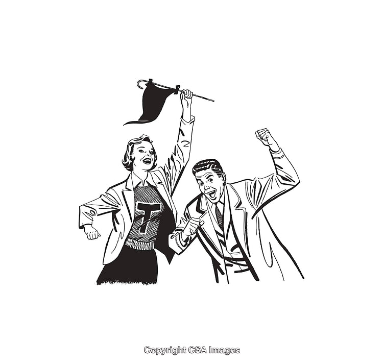 Retro Illustration of Celebrating Couple with a Flag in Black and White