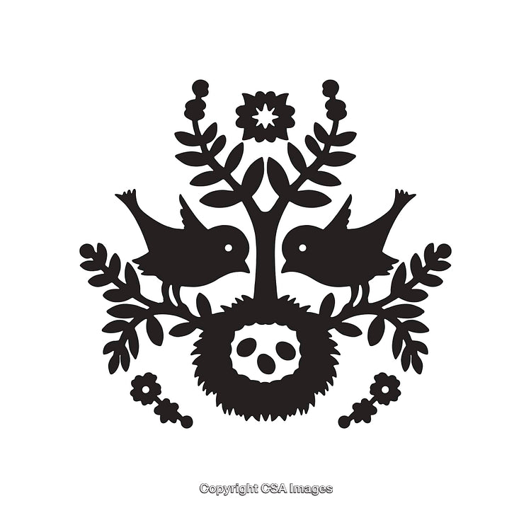 Vintage Black and White Bird and Nest Illustration with Floral Elements
