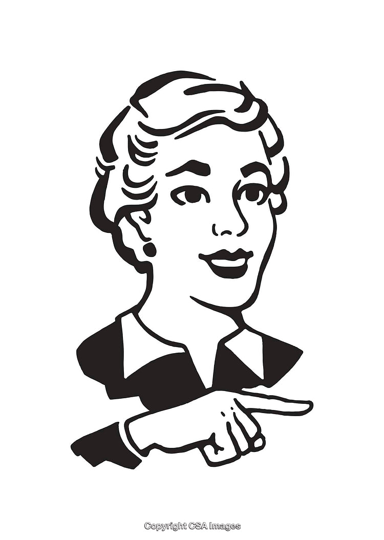 Retro Black and White Line Art Illustration of a Smiling Woman
