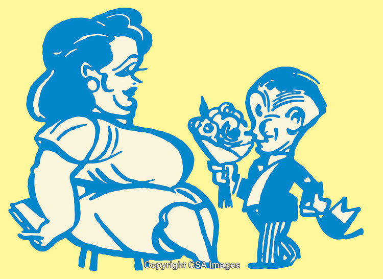 Cartoon Illustration of a Gentleman Offering Flowers to a Lady
