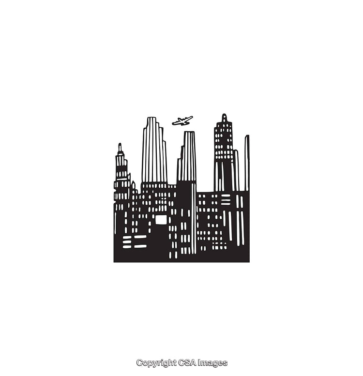 Black and White Line Art Urban Cityscape with Airplane