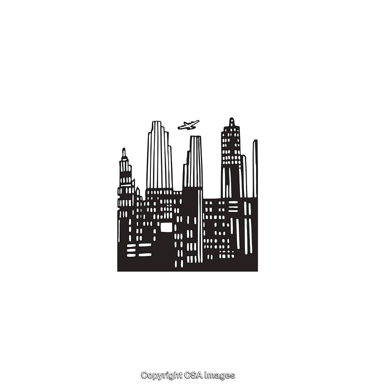 Black and White Line Art Urban Cityscape with Airplane