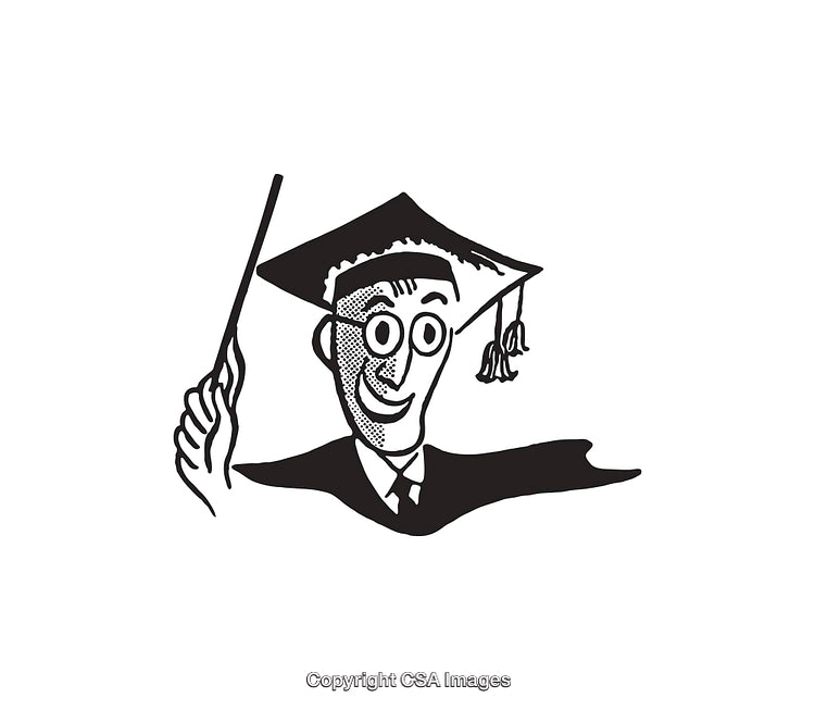 Black and White Cartoon of a Graduate in Cap and Gown Holding Pointer