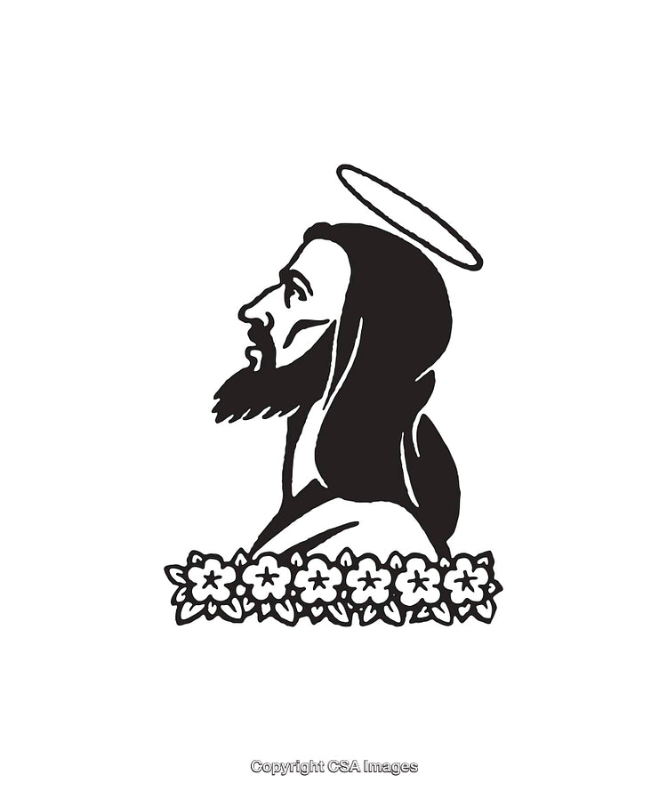 Black and White Line Art of Religious Icon with Halo and Flowers