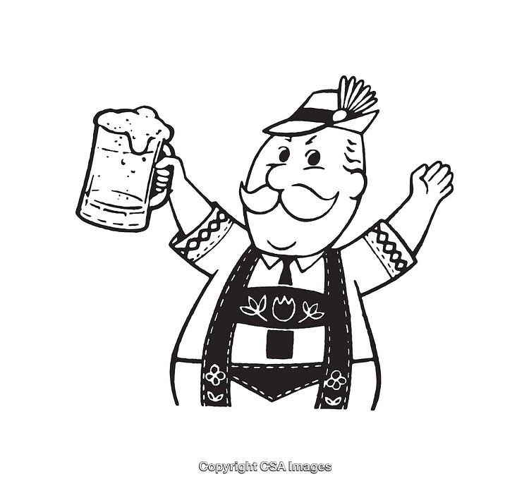 Cheerful Character in Traditional Attire Holding a Mug of Beer