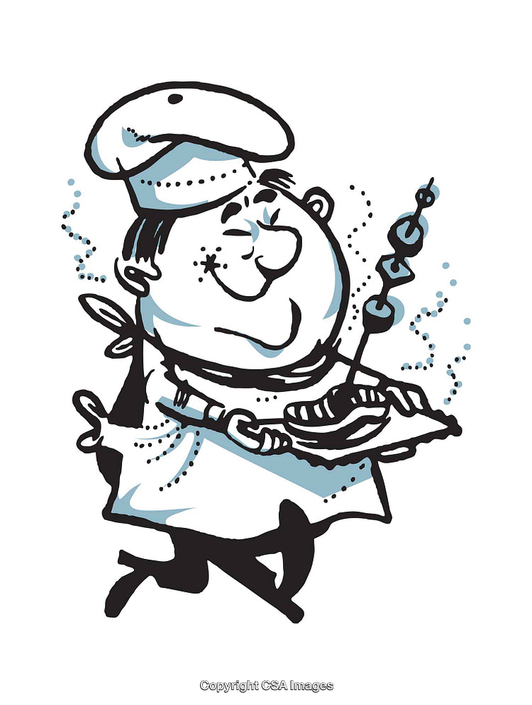 Cartoon Chef Holding a Platter with Meat and Skewers