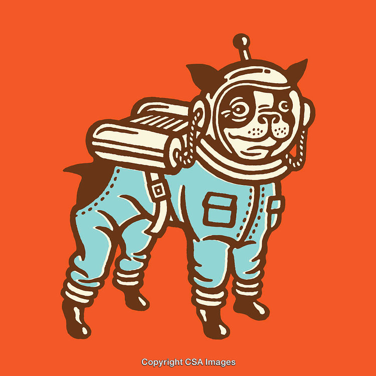 Retro Style Illustration of Dog in Astronaut Suit with Orange Background