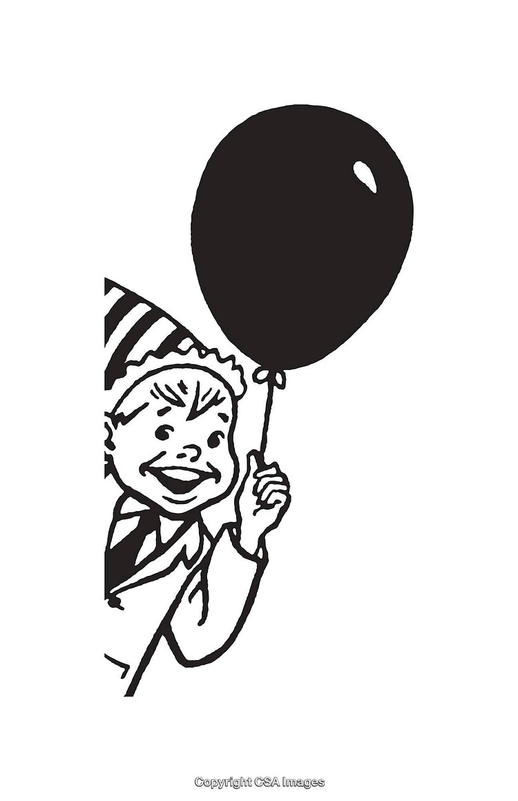 Happy Child Holding Balloon in Black and White Line Art