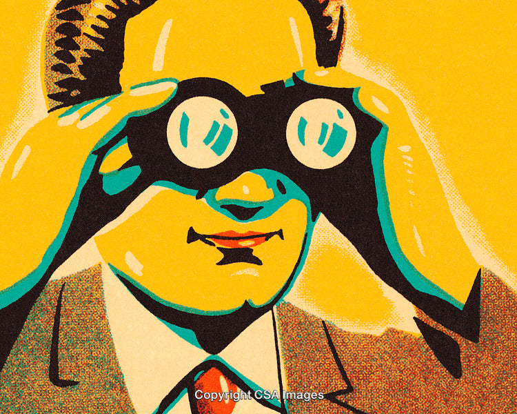 Retro Illustration of a Person Observing Through Binoculars on Yellow Background