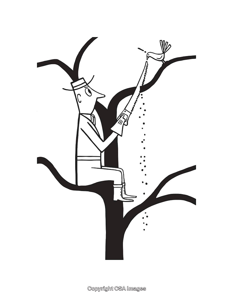 Cartoon Illustration of a Person Sawing a Tree Branch Off