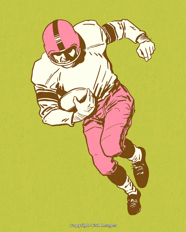 Retro Illustration of Football Player Running with Determination on Green Background