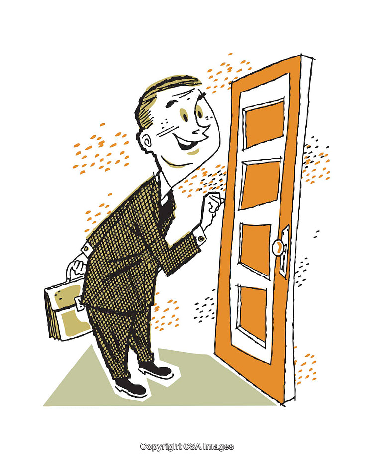 Illustration of A Smiling Businessman Knocking at an Orange Door