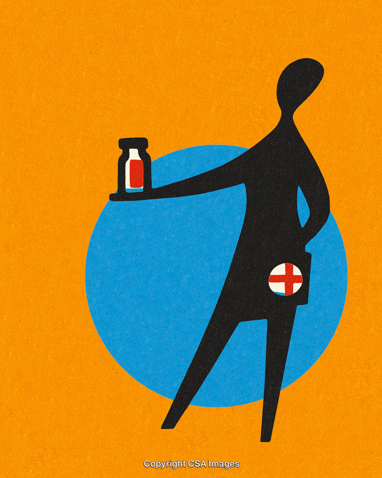 Abstract Depiction of Medical Professional Offering a Medicine Bottle in Modern Style