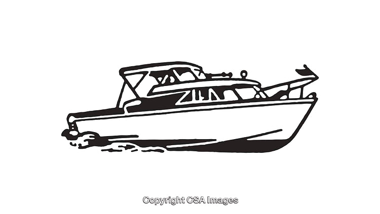 Black and White Line Art Depiction of a Motorboat on Water