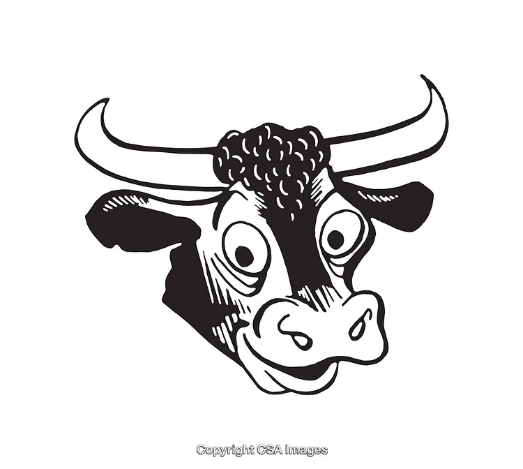 Black and White Cartoon Style Illustration of a Joyful Bull Head