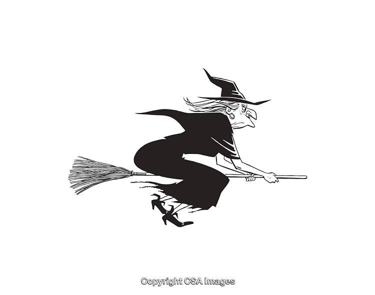 Black and White Line Art of a Witch on a Broomstick