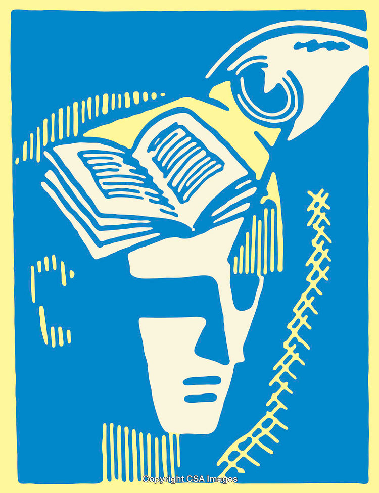 Abstract Color Line Art Illustration Featuring Books and a Stylized Face