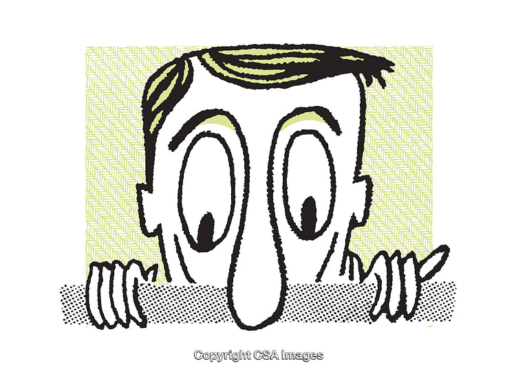 Cartoon Illustration of Curious Man Peeking Over a Ledge