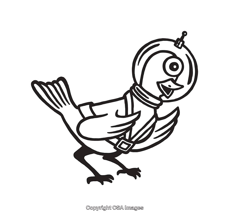 Illustration of a Bird Wearing a Space Helmet in Black and White Line Art