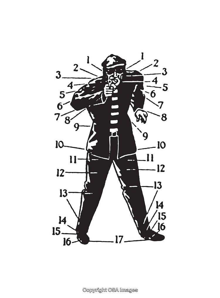 Vintage Black and White Illustration of a Police Figure with Numbered Labels